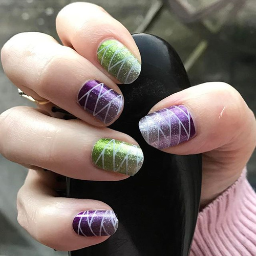 Geometric Green and Purple Nail Design