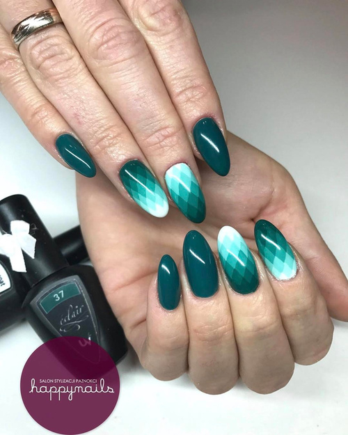 Geometric Blue and Green Nail Design