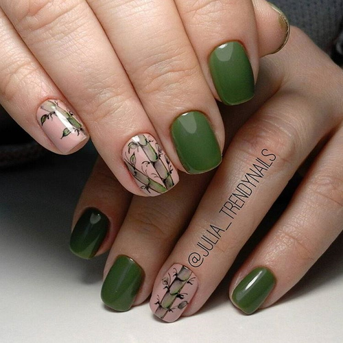 Olive Green Nail Design with Bamboo Drawing