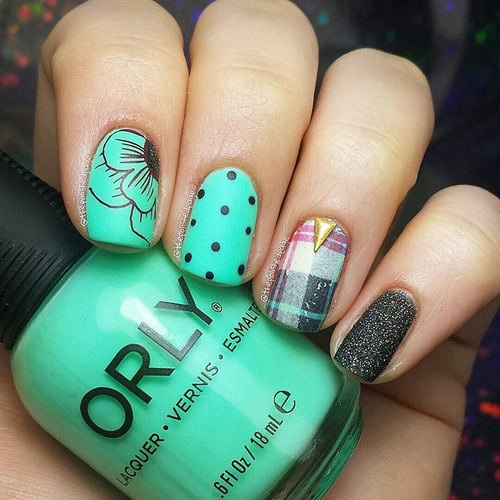 Mint Green Nails with Plaid, Dots and Flowers