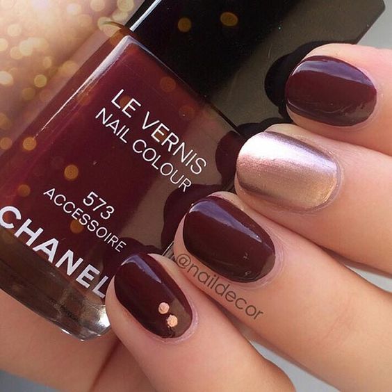 dark wine red and silver nail design