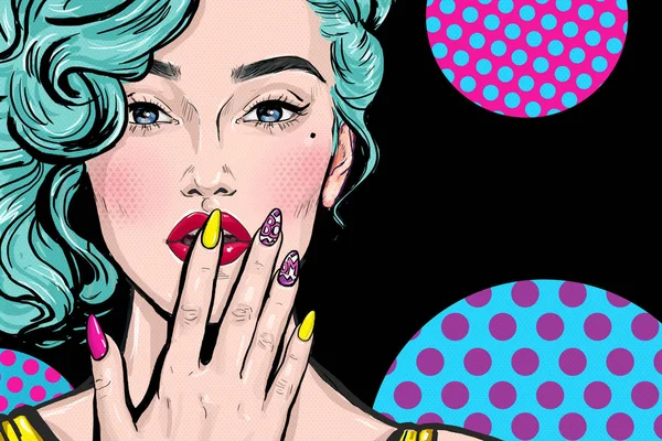 Fashion Illustration Girl Hand Mouth Pop Art Style Party Invitation — стоковое фото