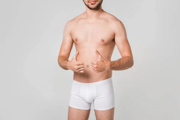 Partial View Man White Underwear Showing Thumbs Isolated Grey — стоковое фото