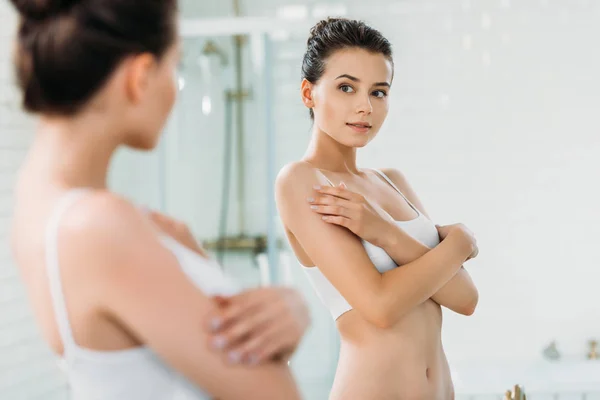 Beautiful Young Brunette Woman Underwear Looking Mirror Bathroom — стоковое фото