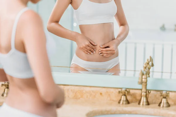 Cropped Shot Young Woman Underwear Looking Mirror Bathroom — стоковое фото