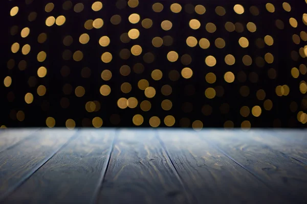 Empty Wooden Planks Surface Shiny Golden Bokeh Background — стоковое фото