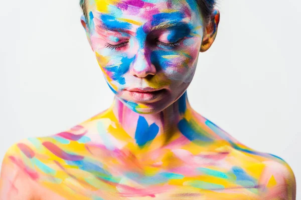 Attractive Girl Colorful Bright Body Art Closed Eyes Isolated White — стоковое фото