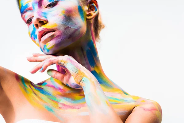 Attractive Girl Colorful Bright Body Art Touching Neck Isolated White — стоковое фото