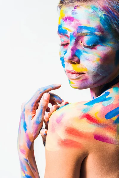 Side View Attractive Girl Colorful Bright Body Art Closed Eyes — стоковое фото