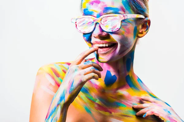 Smiling Attractive Girl Colorful Bright Body Art Sunglasses Touching Lips — стоковое фото