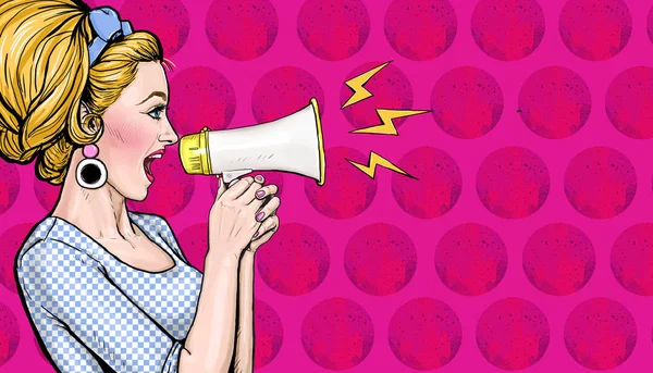 Pop Art Girl Megaphone Woman Loudspeaker Advertising Poster Lady Announcing — стоковое фото